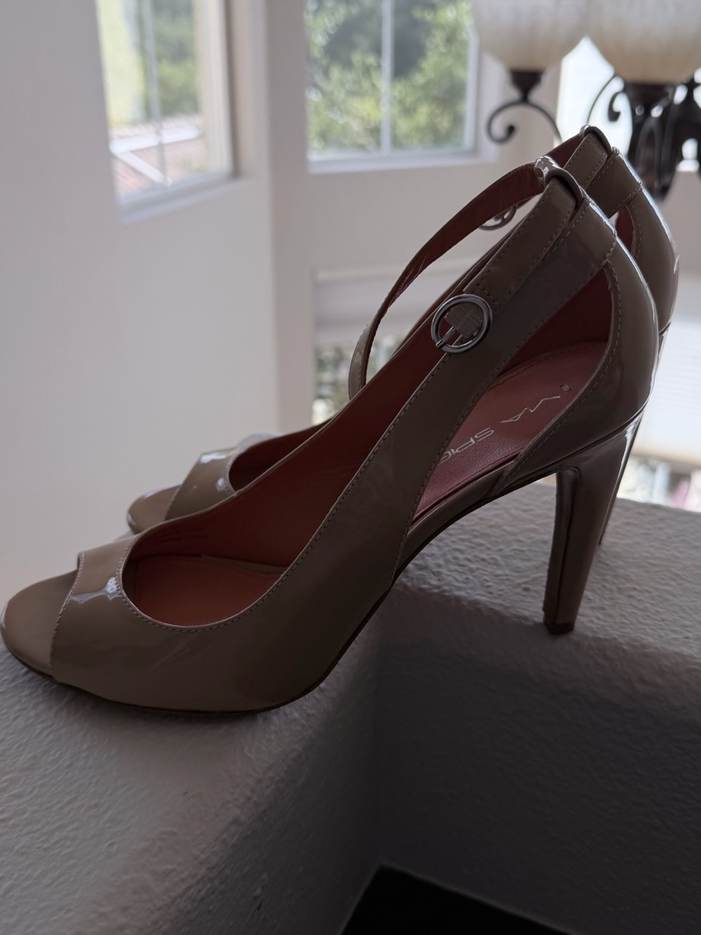 Patent Leather Peep-Toe High Heels in Taupe